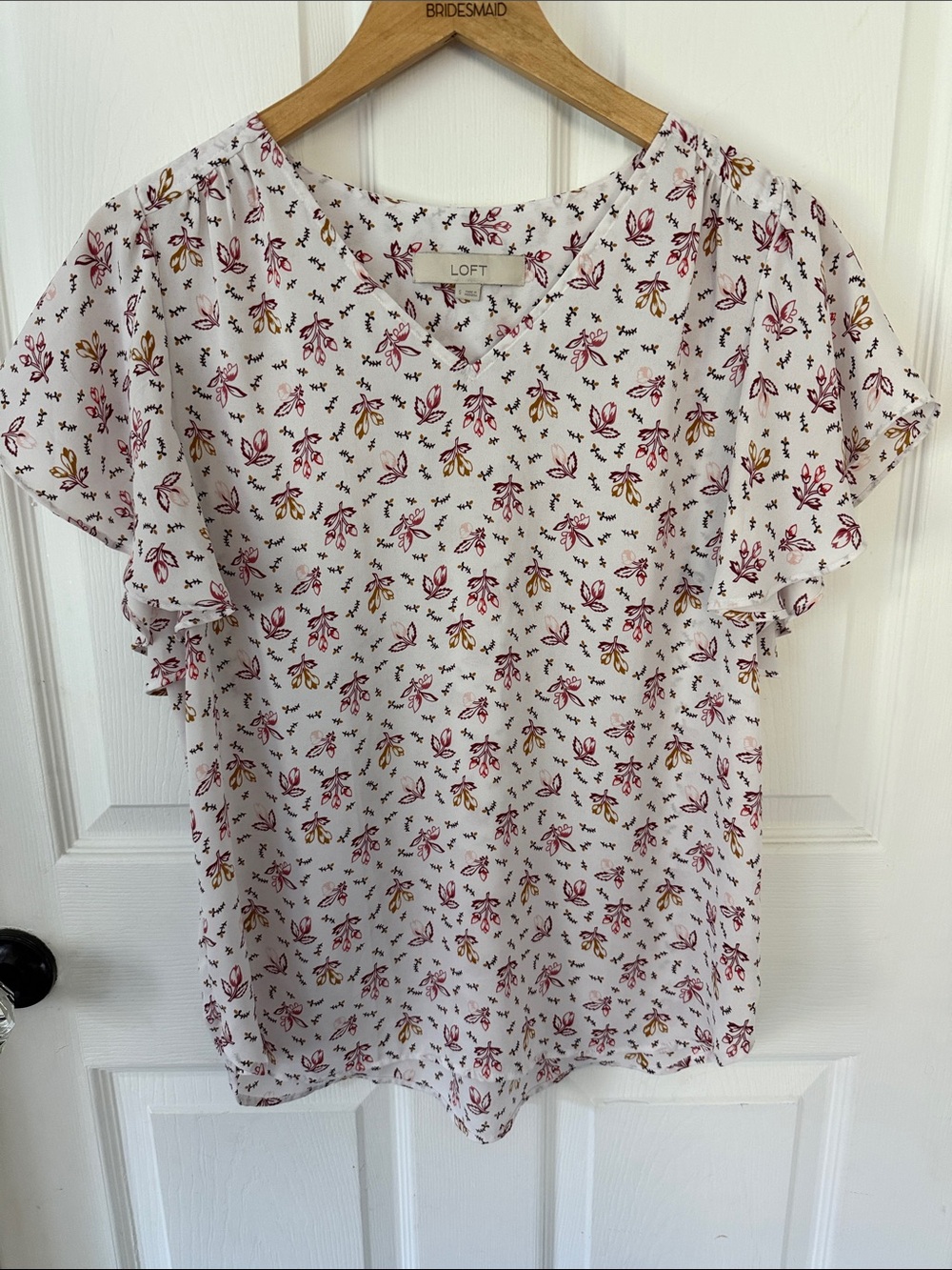 LOFT White Blouse with Red and Gold Floral Print